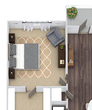 Carolina 3D. 1 bedroom apartment. Kitchen with island open to living room. 1 full bathroom. Walk-in closet. Patio/balcony.